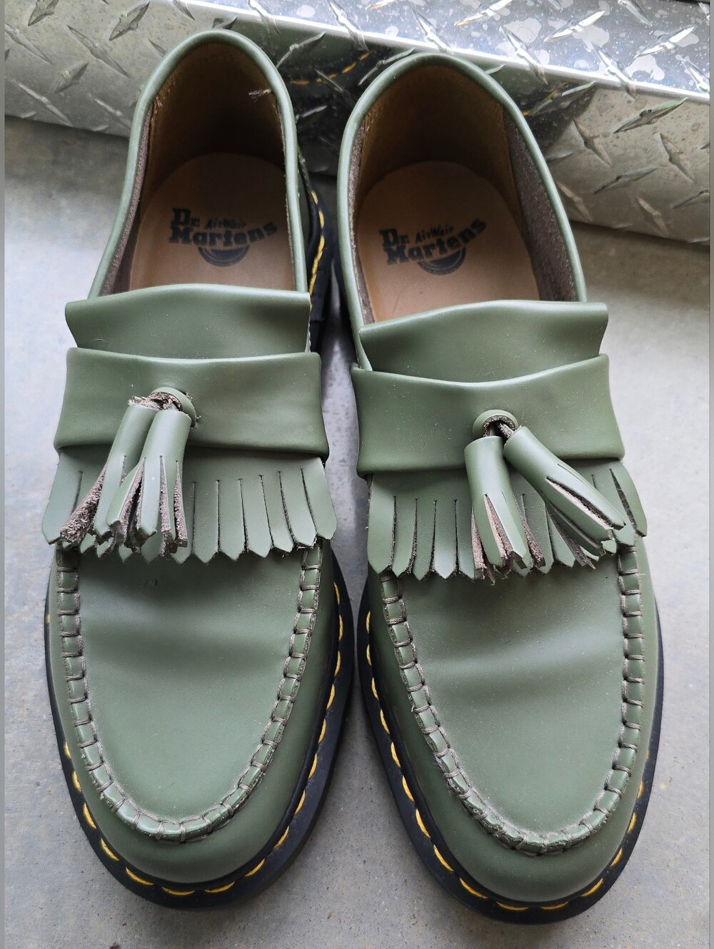 Dr. Martens Adrian Yellow Stitch Smooth Leather Tassel Loafers Kahki Green M10